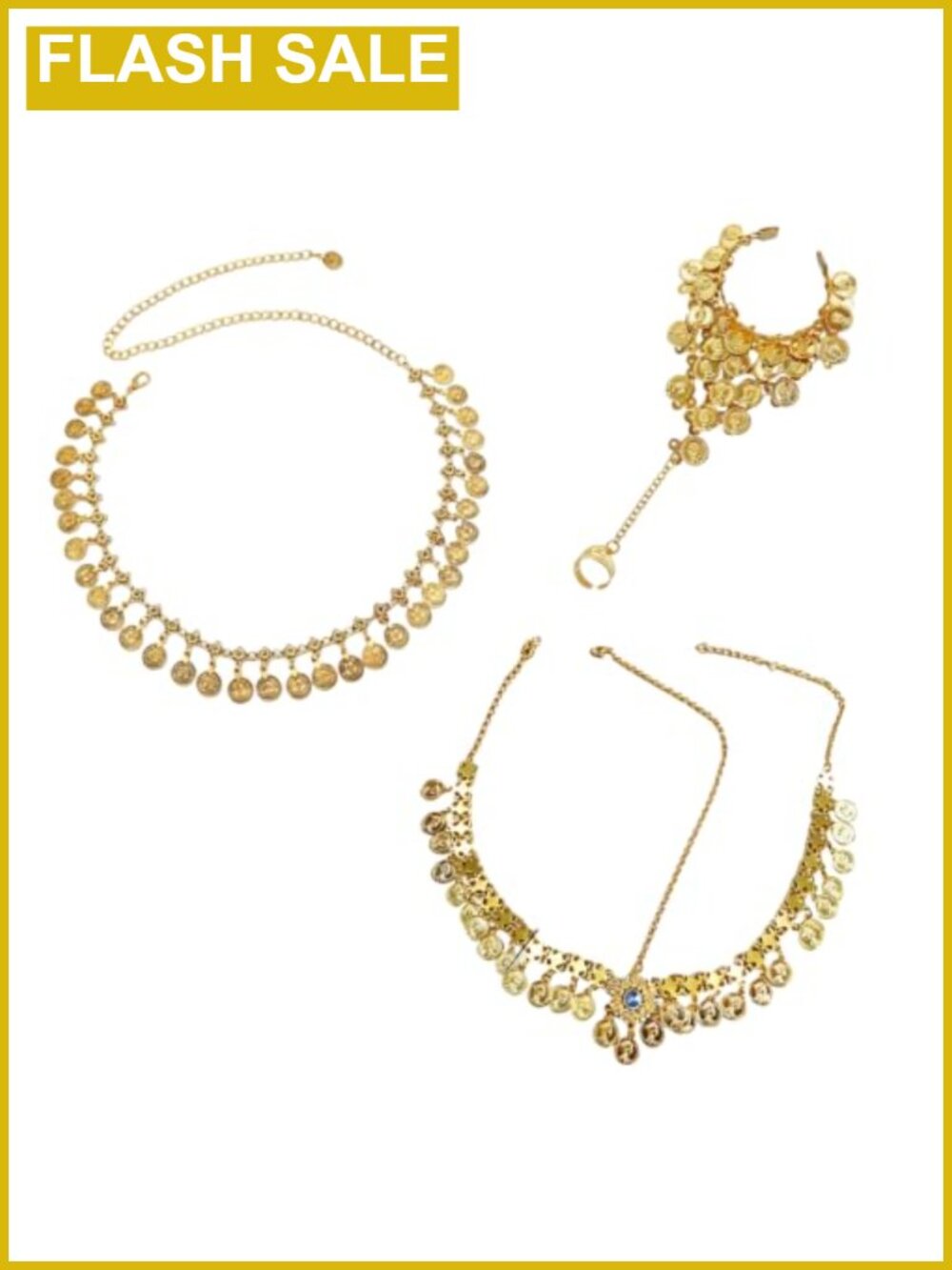 Egyptian Costume Accessories Set - Golden Headpiece, Necklace, Bracelet, Waist